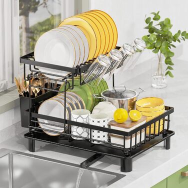LIONONLY Dish Drying Rack, Large 2-Tier Dish Drying Rack with Drip Bowl, Stainless Steel Dish Drying Rack with Utensil Holder, Beverage Holder, and Swivel Spout, Dish Drying Stand Kitchen