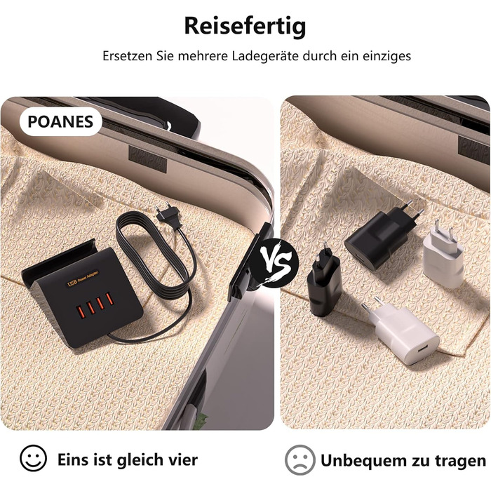 Багатопортова USB зарядка POANES 25W, 4 порти для iPhone, Samsung, LG, Huawei та інших (чорний)