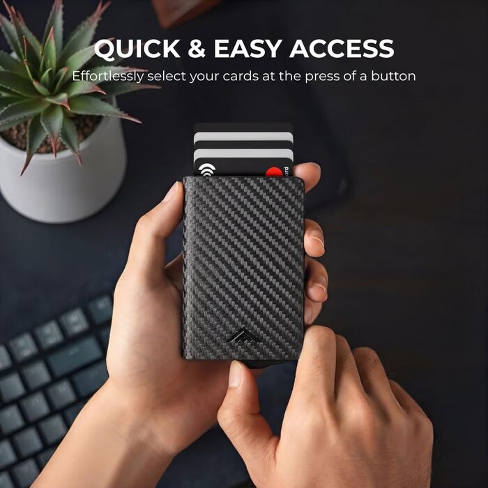 Гаманець RFID захист Stealth Wallet для чоловіків - мінімалістичний висувний картхолдер з алюмінію та шкіри (срібний/чорний, карбон/чорний)