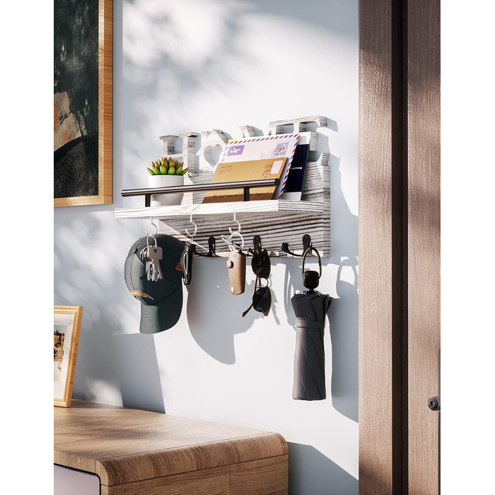 Дерев'яний органайзер для ключів з полицею на стіну - 7 гачків, Rustic дизайн (білий)