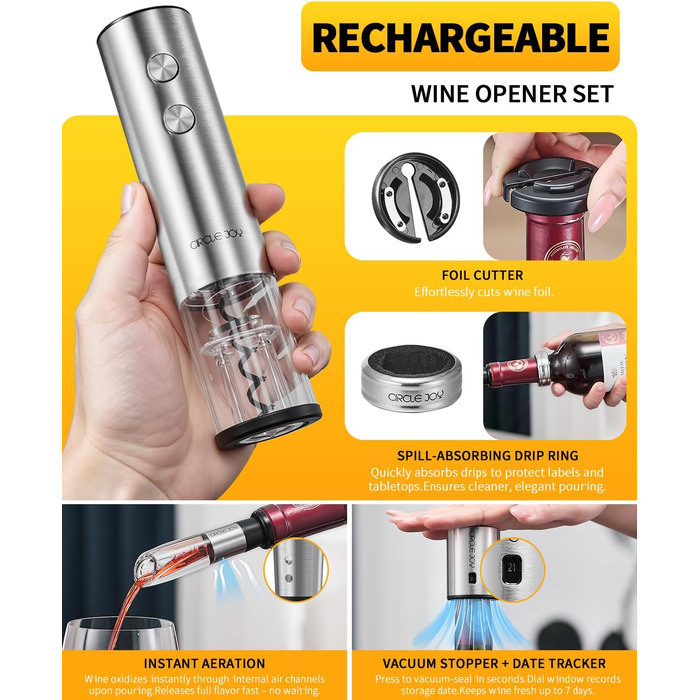 Електричний відкривачка вин CIRCLE JOY 6-в-1 з зарядною станцією, комплект з нержавіючої сталі, з обрізачем фольги, аератором та 2 вакуумними закривачами