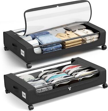Коробки для зберігання під ліжко PHINOX з колесами, 2 шт (74x42x16 см) - місткі контейнери для одягу, взуття, іграшок з прозорою кришкою