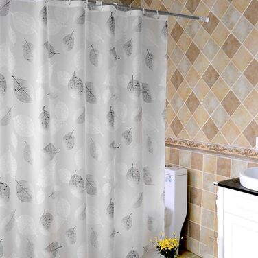 Шторка для душу 180x200 см, біла з листям, антигрибкова, з 12 гачками, для дому, готелю, ванної кімнати