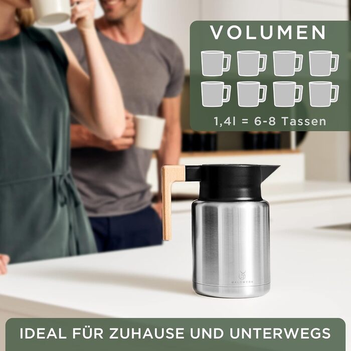 WALDWERK Thermos Flask (1.4L) - Coffee Pot made of double-walled 304 stainless steel with an elegant wooden handle - Insulated carafe with a drip-free spout - Coffee Pot Thermo