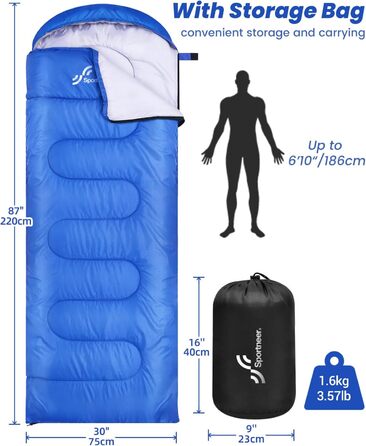 Сплячий мішок Outdoor Sportneer для дорослих та дітей - легкий спальник для кемпінгу, походів, рюкзаків, 220x75 см, блакитний