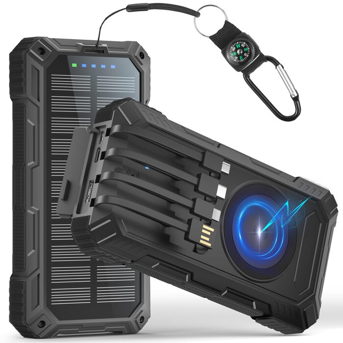 Портативний зарядний акумулятор Power Bank 56800mAh з сонячною панеллю, USB-C, бездротова зарядка, 6 виходів, 3 входи, LED ліхтарик, компас, чорно-зелений (чорний)