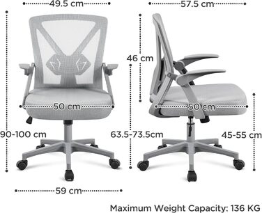 Офісне крісло Yaheetech з підйомними підлокітниками, сітчасте, ергономічне, з регулюванням поперекової підтримки, функцією гойдання та регулюванням висоти, сіре