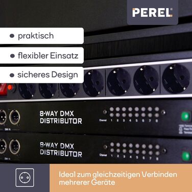 Блок розподілу живлення (PDU) Perel на 8 розеток Schuko Typ F з вимикачем та захистом від перенапруги, кабель 2.15м, 3680 Вт для 19-дюймової стійки, серверної шафи та офісу