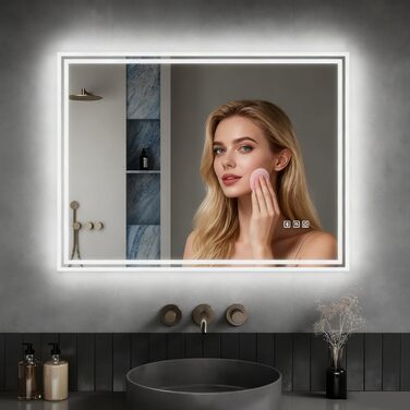 Дзеркало для ванної кімнати з підсвічуванням 60x50x3,5 см, LED, 6400K, холодний білий, енергозбереження, вертикальне/горизонтальне, з вимикачем, антизапар, 3 колірні температури