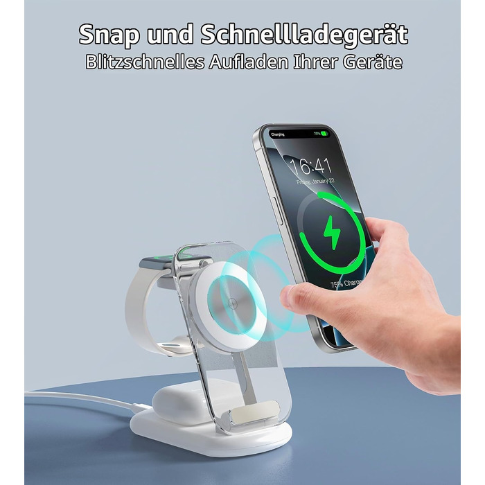 Бездротова зарядна станція 3 в 1 MagSafe для iPhone 16/15/14/13, Apple Watch та AirPods, складана з регулюванням кута та атмосферним підсвічуванням (Перламутовий білий)