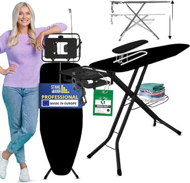 Сталеве прасувальне щит Stahlmann XXL з підставкою для рукавів, 130x48 см – стабільне прасувальне щит, чохол 100% бавовна, Made in EU