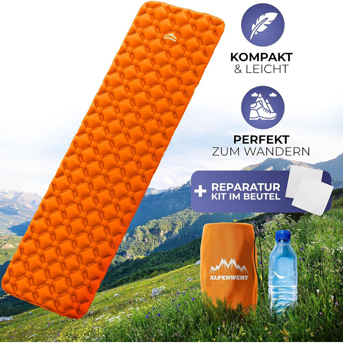 Alpenwert надувний килимок для кемпінгу, ультралегкий, компактний, помаранчевий, ізомат для туризму та подорожей
