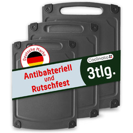 Набір кухонних дощок Coolinato з пластику сірого кольору (3 шт.) S/M/L – антибактеріальні, з жолобом для соку, неслизькі, з ручкою. 3 розміри для гігієнічного розділення. Набори кухонних дощок сірого кольору, розміри S, M та L, придатні для миття в посудомийній машині