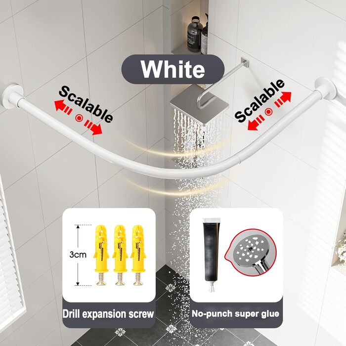 Регульована штанга для душу L-подібної форми без свердління, 304 нержавіюча сталь, для душу, розширювана, кутова, біла (90-130x90-130 см)