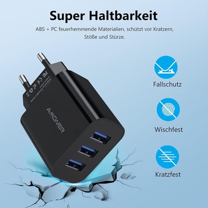 Мережевий адаптер Amoner USB 3-портовий 15W, 2 шт. для iPhone 14/13/12/11/X/8 та інших пристроїв, чорний