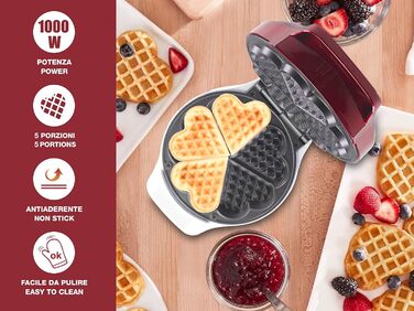 Вафельниця Beper, 5 вафель одночасно, антипригарне покриття 18 см, 800-100 Вт, червоний / білий колір
