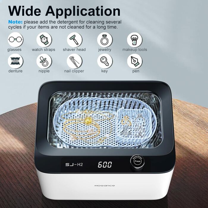 Ультразвукова очищувачка 900мл, 50W, 45kHz для ювелірних виробів, окулярів, годинників, зубних протезів, з 6 режимами та функцією дегазації, біло-чорна