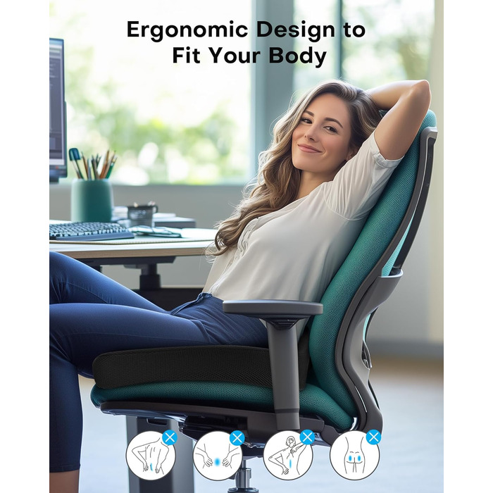 Ортопедична подушка для сидіння Feagar з Memory Foam, ергономічна подушка для офісного крісла, інвалідного візка, автокрісла, для хребта, чорна (чорний, XL (90-150 кг))