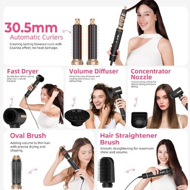 Airstyler Pro 7-в-1: Набір для укладки волосся Atopskins з фен-щіткою, плойкою та насадкою для локонів, 11000 об/хв, для створення об'єму, локонів та випрямлення волосся, зелено-золотий (чорно-золотий)
