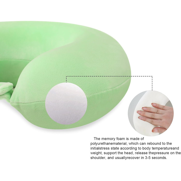 Подушка для шиї з Memory Foam, зручна у подорожах, U-подібна, підтримує шию та голову, для літаків, поїздів, авто (зелена)