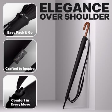 Гольф-парасолька Royal Walk XXL 54 дюйми (140 см) для 2 осіб, штормостійка, з дерев'яною ручкою, 16 ребер, чорна