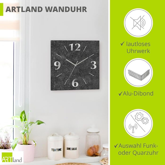 ARTLAND Wall Decor Wall Clock without Ticking Sounds, Aluminum, 30x30 cm Square, Silent Analog, 4 Numbers, 30x30 cm Design U1RE (Granite, Quartz Clock)