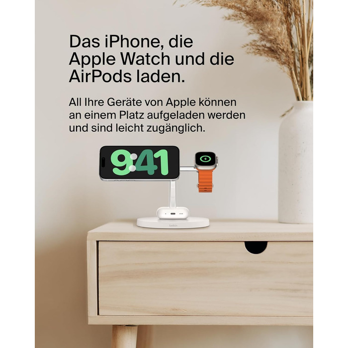 Belkin MagSafe 3-в-1 Бездротова Зарядка 15W для iPhone, Apple Watch та AirPods (Біла) - Сумісна з MagSafe/Qi2