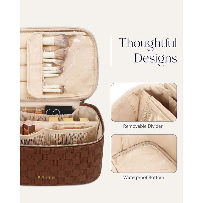 Косметичка для жінок Prite Groß з водонепроникного шкіряного матеріалу, з ручкою та знімним роздільником (коричнева в клітинку)