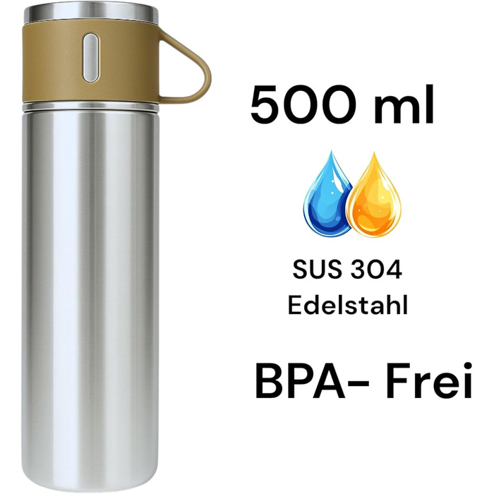 Термос 500 мл з нержавіючої сталі – 2 чашки з ручками – без витоку, BPA-free – з щіткою для чищення – колір: сріблястий