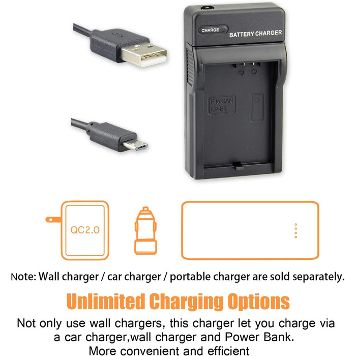 Акумулятор Li-Ion LP-E5 (2 шт.) та Micro USB зарядний пристрій для Canon EOS 450D 500D 1000D Kiss F X2 X3 Rebel XS XSi T1i