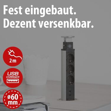 Вбудований мережевий фільтр Brennenstuhl Tower Power, висувна настільна розетка 2м, алюміній/чорний (3 розетки + USB)