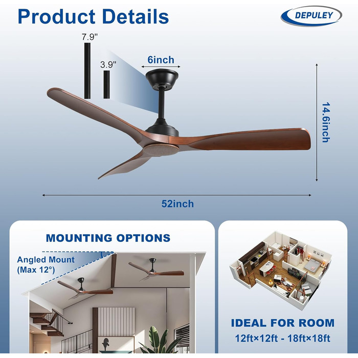 Стеляний вентилятор Depuley Leise з підсвічуванням для вулиці: LED лампа з вентилятором для саду, тераси - 132см, з керуванням через APP для вітальні, ресторану, офісу (Коричневий, 52'' без підсвічування)