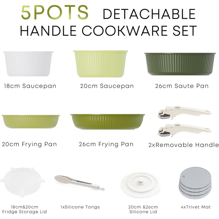 RIOVARM Induction Cookware Set - 16 Piece Nonstick Granite Pots & Pans with Removable Handles, Stackable & Space-Saving, PFOA-Free, Silicone Lids, Gradient Green