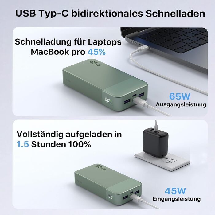 Power Bank NOBIS 20000mAh 65W USB-C PD QC з дисплеєм, зелений - для ноутбука, телефону, планшета