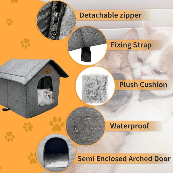 Vinnypet Outdoor Cat House - Winterproof, Waterproof, Warm Pet Shelter with Plush Cushion - Dog House, Stray Animal Shelter - 40x35x40cm Grey