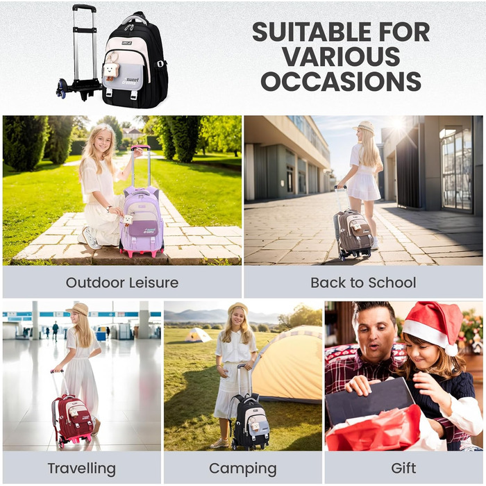 Шкільний рюкзак-тележка для дівчаток-підлітків, рюкзак для школи на колесах, знімний тролей, шкільний ранець для початкової та середньої школи, сумка для подорожей з 6 колесами, 36L - Зелений (Чорний)