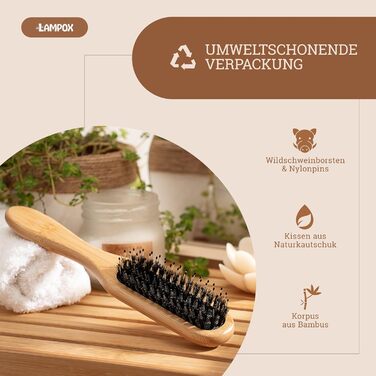 Бамбукова щітка для волосся Lampox з щетиною дикого кабана, масажна щітка для голови, розпушувач для довгих волосся та кучерів, для жінок, чоловіків та дітей