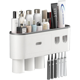 Toothpaste Dispenser Bathroom Toothbrush Holder Set, Wall-Mounted Toothbrush Holder with Double Automatic Toothpaste Dispenser, 3 Cups and Drawer for Bathroom