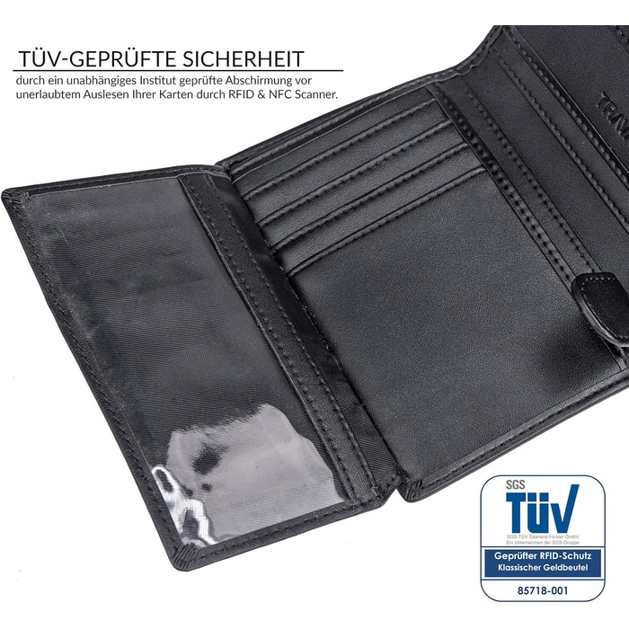 TRAVANDO Men's Wallet Dublin - TÜV certified - 13 card slots - Portrait format - RFID protection - Gift for men - including gift box - Designed in Germany (Black)