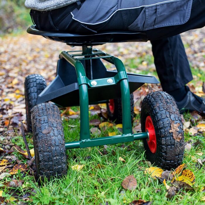 Садовий табурет UPP Rollsitz Outdoor Deluxe зі сталевою рамою, широкими гумовими колесами, регульованою висотою сидіння, відсіком для інструментів, чохлом, макс. навантаження 150 кг, зелений