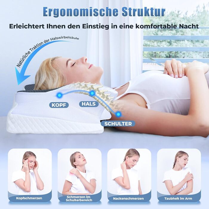 Подушка для шиї SAHEYER з Memory Foam, ортопедична, ергономічна, для сну на боці, 60x35.5x10/13 см (сіра)