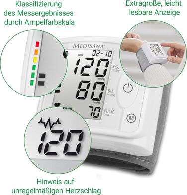 Тонометр на зап'ястя Medisana BW 320 - точний вимір артеріального тиску та пульсу, пам'ять, великий дисплей, індикатор артеріального тиску, виявлення аритмії та попередження