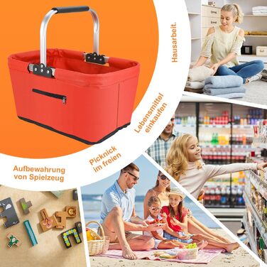 Складаний кошик для покупок 25L з м'якими ручками та кишенею на блискавці, червоний