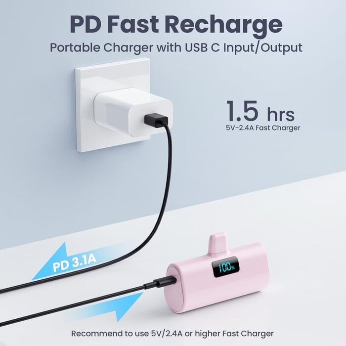 Портативний акумулятор Mini Powerbank 5200mAh: Швидка зарядка 20W PD 4.0A, LCD-дисплей, сумісний з iPhone 14/13/12/11/XR/XS/8/7/6plus (Рожевий)