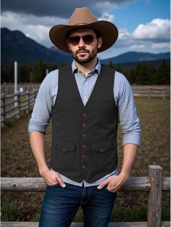 Костюм жилетки Solovedress для чоловіків з екошкіри, стилі вестерн, чорний, Regular Fit