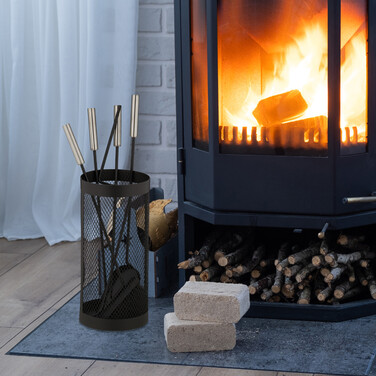 Relaxdays 5-Piece Fireplace Tool Set in Bucket, Black