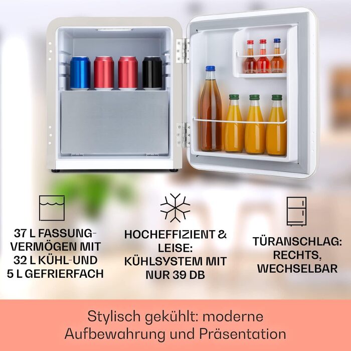 Холодильник Klarstein Audrey Evo 68л Ретро Міні - Тихий (40 дБ), Компактний, з Регульованими Ніжками, Змінною Дверцями, Механічним Термостатом, для Спальні та Офісу