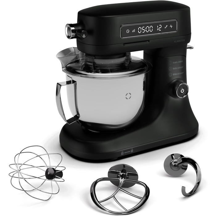 Кухонна машина Klarstein Chiara 1600W з чашею 5л з нержавіючої сталі, 12 швидкостей, LCD-дисплеєм, тиха робота ≤72 dB, набір для випічки, сумісний з посудомийною машиною, корпус з алюмінію, чорний колір