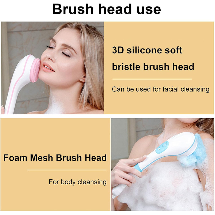 Electric Body & Face Cleansing Brush with 5 Brush Heads - USB Rechargeable Waterproof Exfoliating Body Brush with Long Handle for Deep Cleaning & Relaxation