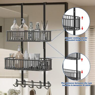 Настінна поличка для душу AIGOCITY без свердління, чорна, для скляних душових кабін, з 3 гачками, регульована висота, для шампуню та гелю для душу